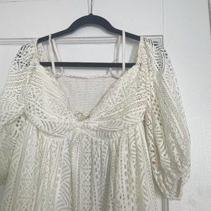 NWT FREE PEOPLE Geometric Puff Sleeve Cutout White Dress